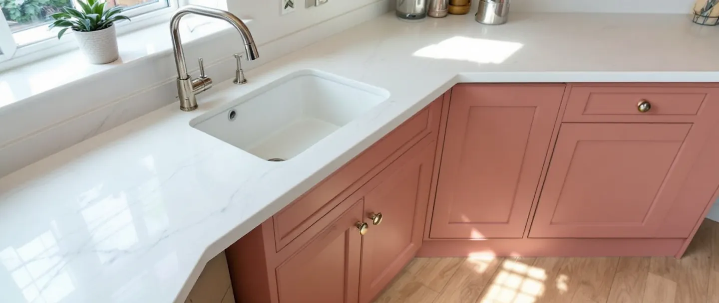 White quartz worktop fitted over refurbished kitchen units